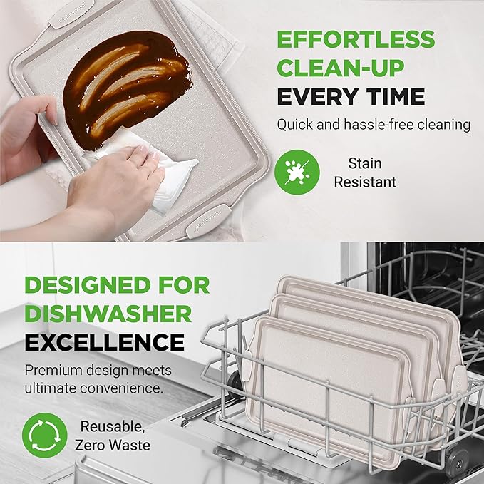 NutriChef 3 Piece Nonstick Cookie Sheets for Baking - Premium Carbon Steel Baking Pans with Black Silicone Handles - Even Heat Distribution, PFOA/PFOS/PTFE Free, Easy to Clean - Cream Marble, NCBKT3CM