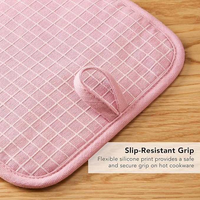 KITCHENAID Gourmet Series Gridlines Pot Holders 2-Pack Set, Heat Resistant up to 600°F, Soft Silicone Grip, Magnetic Cuff, Dried Rose, 8"x8"