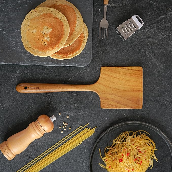 Teak Wide Wooden Spatula with Microfiber Cloth - Natural Non-Stick Healthy Kitchen Utensils - Handcrafted with Comfort Grip
