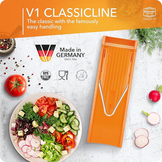 Mandoline Food Slicer Börner V1 (Starter Set) by Reston Lloyd • V-Slicer with 3 Blade Inserts & Food Holder • Made in Germany • Fruit & Vegetable Chopper • Multiple Settings • Color: Orange