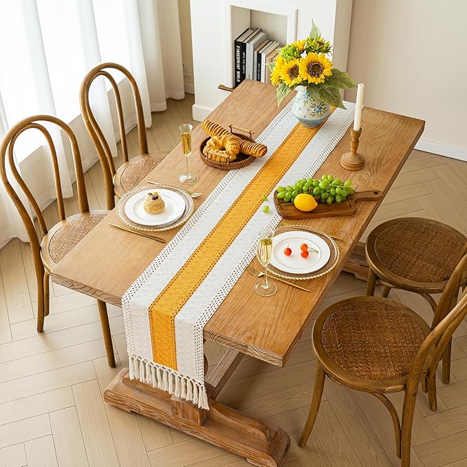 FEXIA Boho Table Runner for Fall Home Decor with Tassels 72 Inches Long Farmhouse Yellow Rustic Table Runner Macrame Burlap Table Decoration for Living Room Bridal Shower(12x72 Inches)