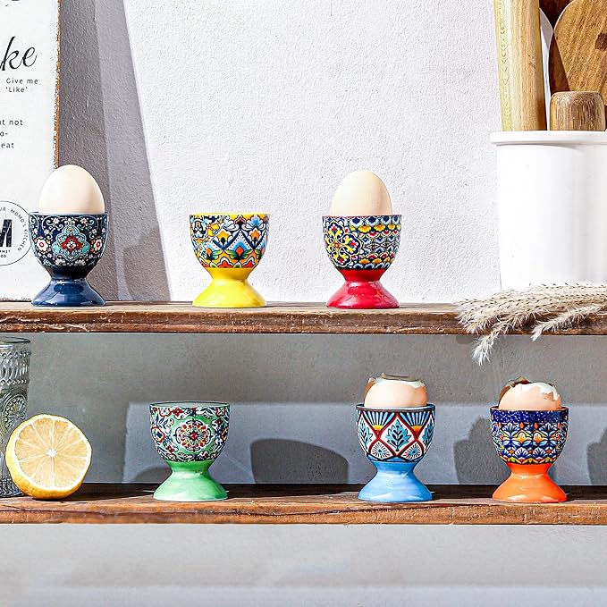 HENXFEN LEAD Boho Ceramic Egg Cups Set of 6 – Colorful Egg Holders for Soft & Hard Boiled Eggs, Microwave & Dishwasher Safe, Perfect for Breakfast & Easter