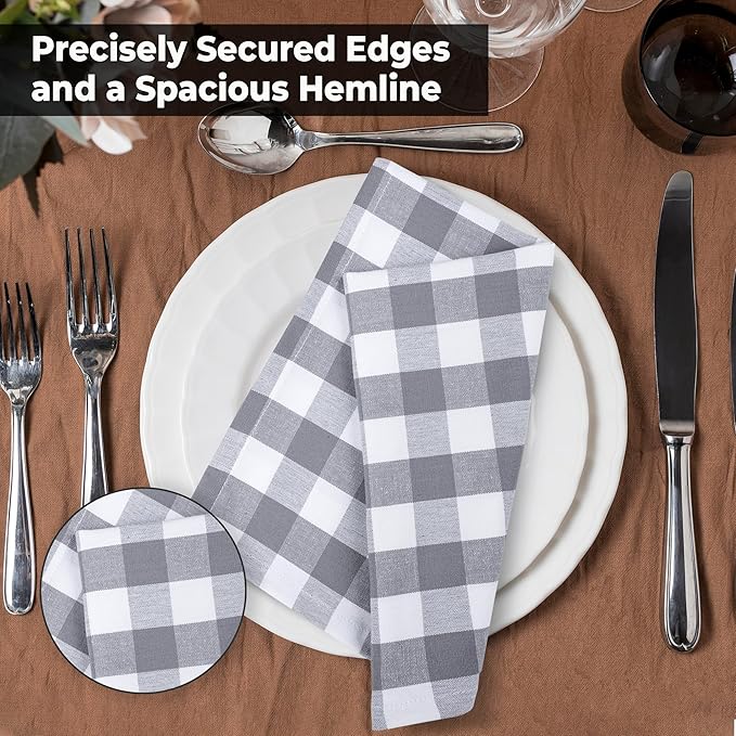 Urban Villa Cotton Dinner Napkins Set of 12, Highly Absorbent Soft Premium Cloth Napkins 20x20 Inches, Hotel Quality Reusable & Washable Table Dinner Napkins for Home - (Grey/White, Buffalo Checkerd)