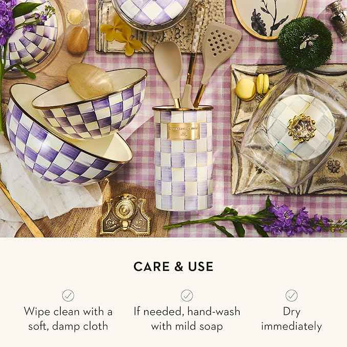 MACKENZIE-CHILDS Enamel Utensil Holder, Stylish Kitchen Countertop Organizer, Purple-and-White Violet Check