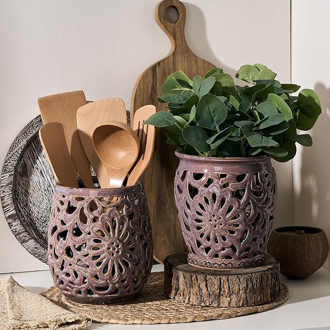 Farmhouse Kitchen Utensil Holder for Kitchen Counter, Ceramic Large Cooking Utensil Crock with Cork Mat, Decorative Rustic Utensil Organizer for Countertop, Spatula, Antique Purple