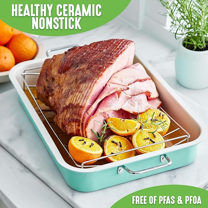GreenLife 16.5” x 12” Healthy Ceramic Nonstick Roasting Pan with Stainless Steel Roaster Rack, PFAS-Free, PFOA-Free, Dishwasher Safe, Oven Safe, Easy Pouring Rims, Turquoise