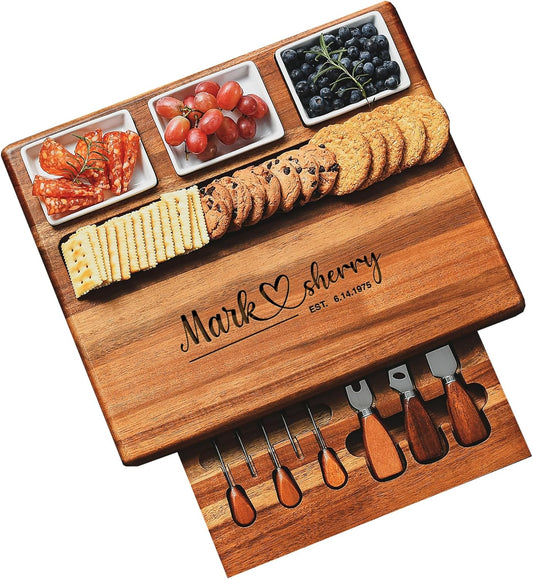 Shanik Large Acacia Wood Charcuterie Board Set with 3 Removable Ceramic Bowls & Serving Utensils - Housewarming, Wedding, Bridal Shower, Home and Kitchen, New Home Gift Ideas for Women, Gifts for Her