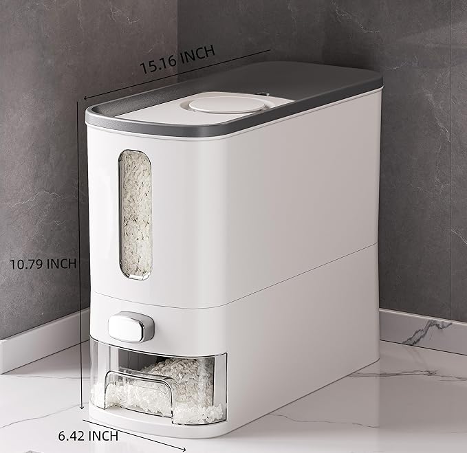 IEEK Rice Dispenser 12 Lbs,Large Cereal Dry Food Storage Containers Rice Storage Container Sealed Moisture Proof with Measuring Cup for Kitchen Pantry Household, White and Grey