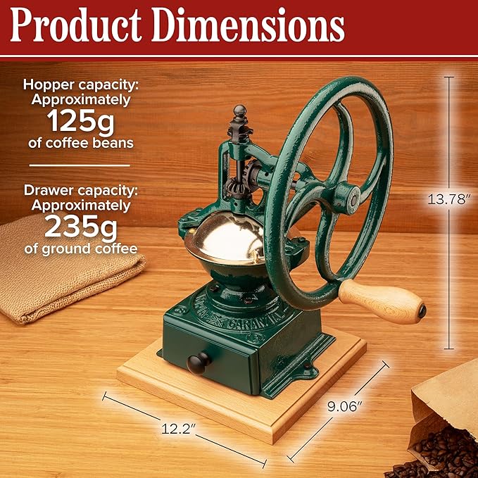 Manual Burr Coffee Grinder - Heavy Cast Iron Coffee Bean Burr Grinder with Adjustable Grind Settings, Hand Crank, and Vintage Design - Italian Made Espresso Accessories by Classic Cuisine (Green)