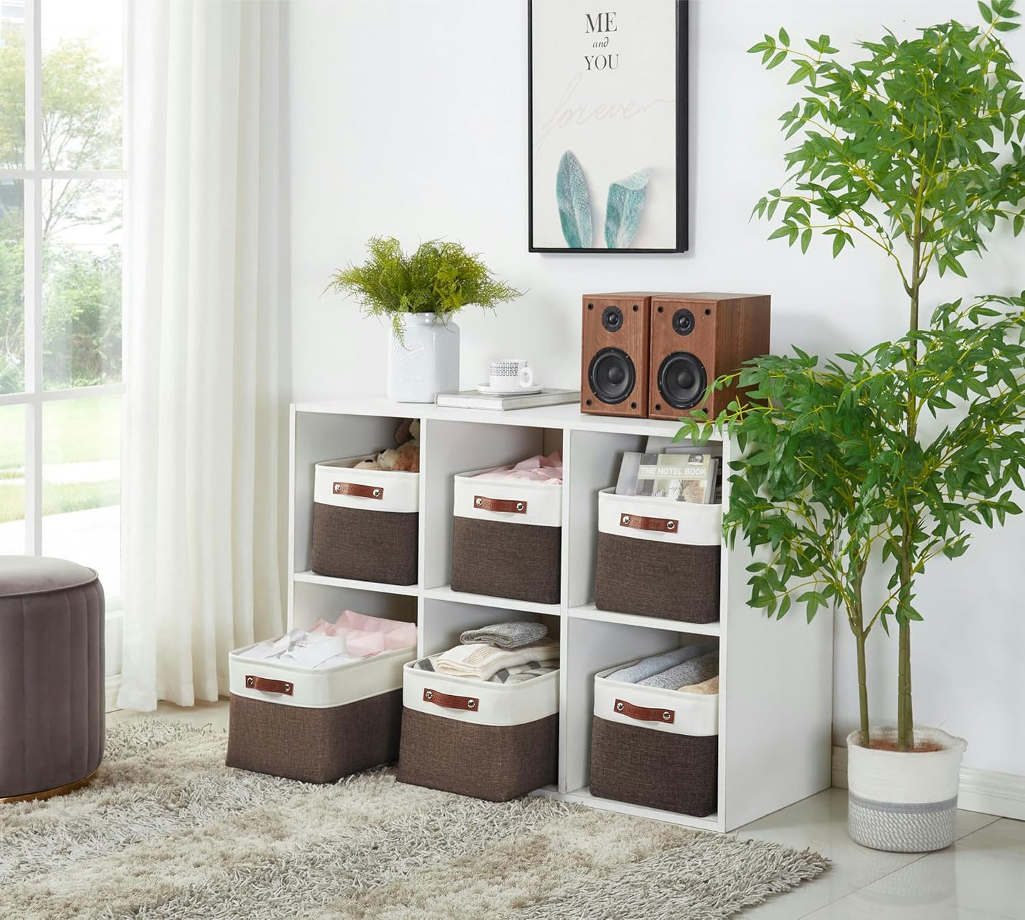 DECOMOMO Storage Baskets for Shelves - Fabric Storage Bins, Linen Closet Organizers and Storage (Brown & White, XL - 3 Pack)