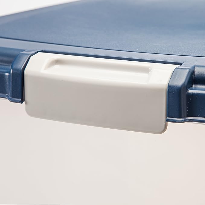 IRIS USA 54 Lbs / 69 Qt WeatherPro Airtight Pet Food Storage Container with Attachable Casters, For Dog Cat Bird and Other Pet Food Storage Bin, Keep Fresh, Easy Mobility, BPA Free, Navy/Pearl