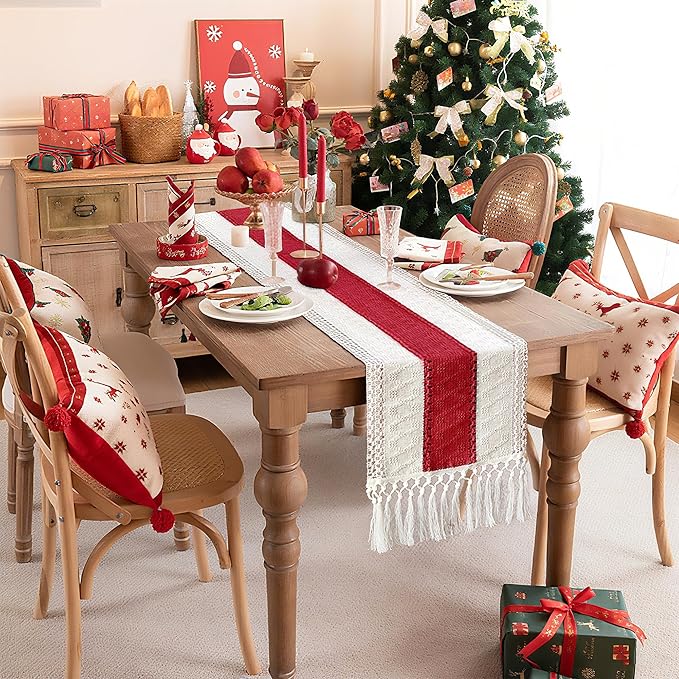 FEXIA Christmas Table Runner for Home Decor with Tassels 72 Inches Long Farmhouse Red Rustic Boho Table Runner Macrame Burlap Table Decoration for Living Room Bridal Shower(12x72 Inches)