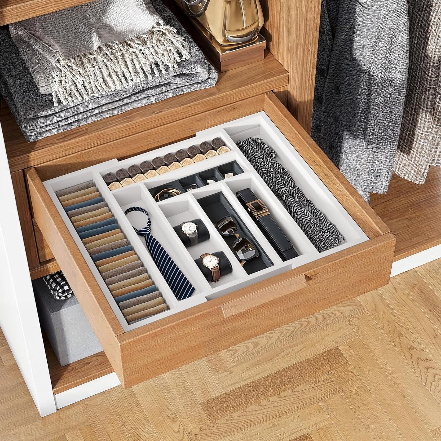 Pipishell Bamboo Expandable Drawer Organizer for Utensils Holder, Adjustable Cutlery Tray, Wood Drawer Dividers Organizer for Silverware, Flatware, Knives in Kitchen, Bedroom, Living Room (White)