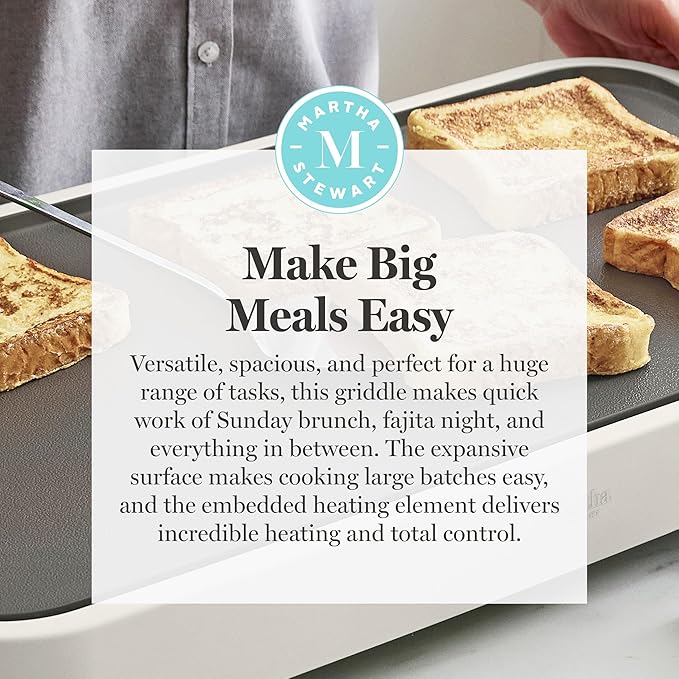 Martha Stewart 12” x 22” Electric Griddle, XL Ceramic Nonstick Flat Top Cooking Surface, Adjustable Temperature Dial, Drip Tray, Dishwasher Safe, 1500W Fast Even Heating, Pancakes & Eggs, Linen White
