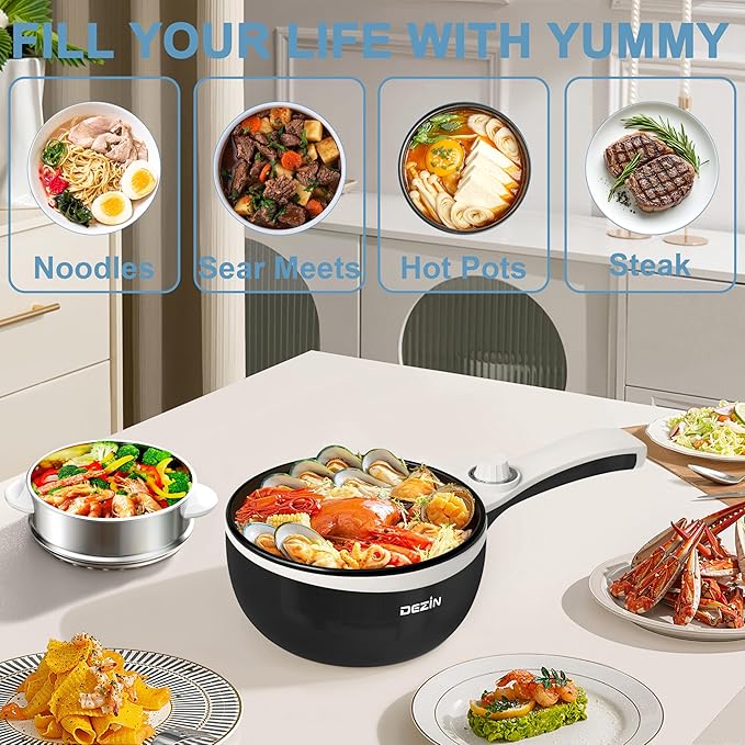 Dezin Hot Pot Electric with Steamer Upgraded, Non-Stick Sauté Pan, Rapid Noodles Electric Pot, 1.5L Mini Pot for Steak, Egg, Fried Rice, Ramen, Oatmeal, Soup with Power Adjustment