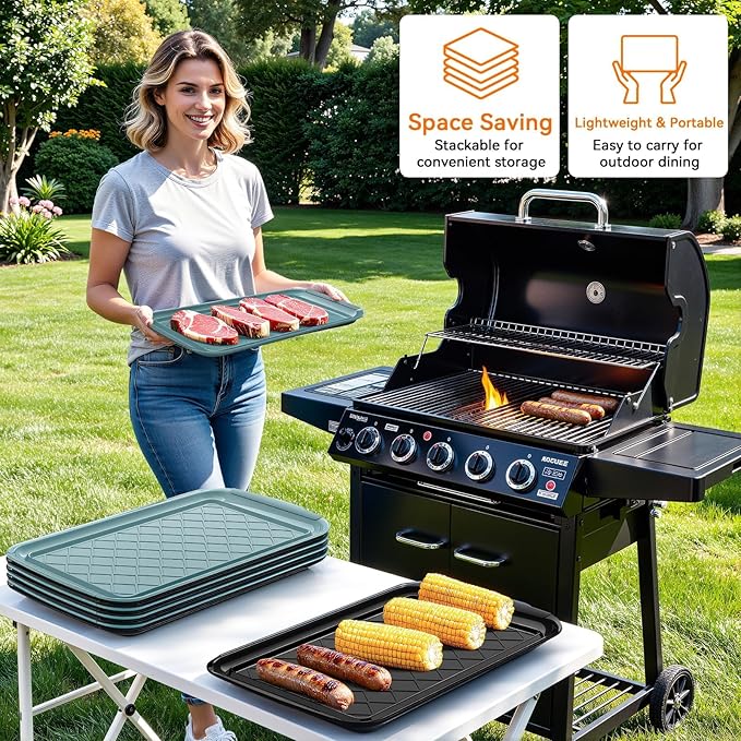 Grilling Prep & Serve Trays for Party- Set of 2, Large Serving Platters for Raw and Cooked Food, Dishwasher Safe, 17"×10.5" Stackable Plastic Party Supplies for Grilling, BBQ, Meal Prep - Green, Black