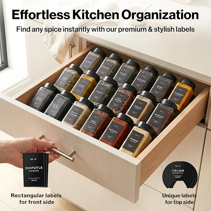 EDELHAUS Large Glass Spice Jars with Label and Black Rotating Lids (12 x 6.7 fl oz) Spice Containers with 160 Labels, Shaker Inserts, Funnel, Empty Square Containers [4.7 in × 2.2 in]