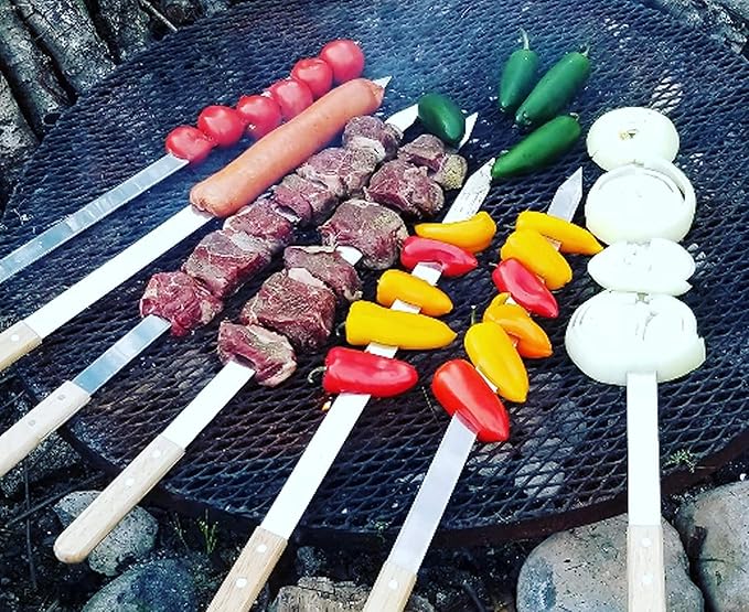 G & F Products BBQ Skewers, 23" x 5/8" Stainless Steel Flat Metal Skewers with Wooden Handles, Heavy-Duty 8-Piece Set with Camouflage Carry Bag for Grilling Meat, Vegetables, and Outdoor Cooking
