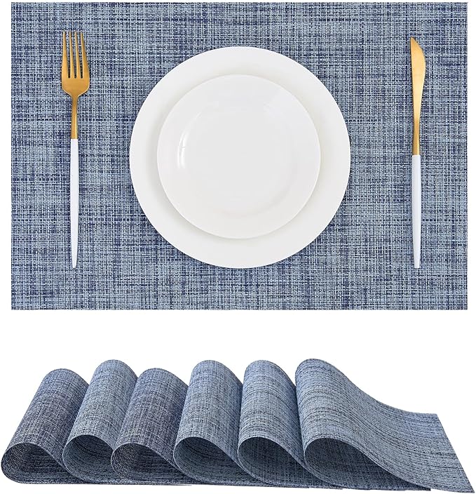 Leetaltree Deep Navy Woven Placemats Set of 6 - Heat Resistant Non-Slip Place mats for Dining Table, Washable Durable PVC Vinyl Woven Table Mats(Deep Navy, 6)