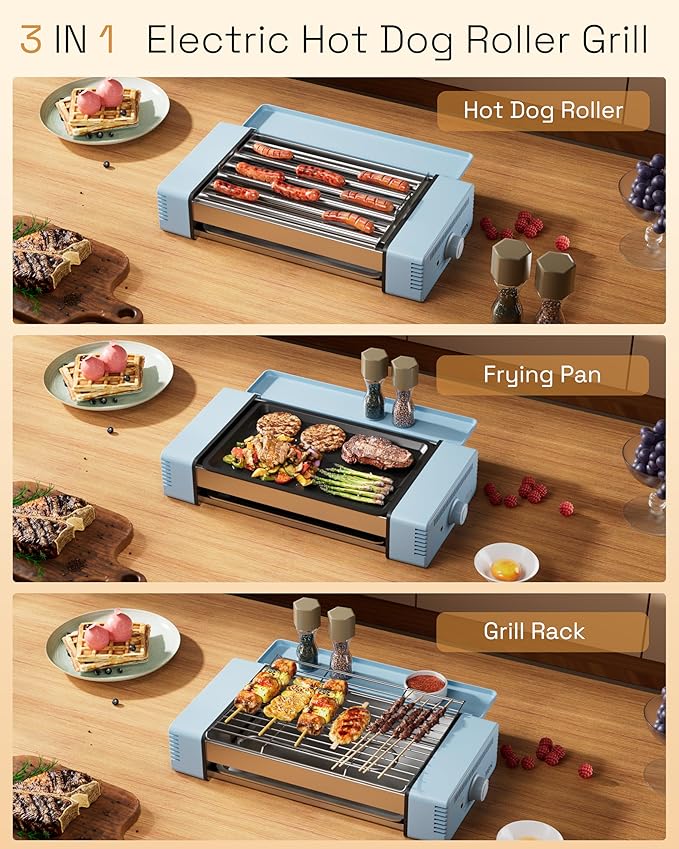 HBN Indoor Grill and Electric Griddle, 3-in-1 Smokeless Indoor Grill with Grill Rack & Nonstick Griddle & Sausage Grill Korean BBQ grill for Kitchen, Dishwasher Safe, 400F (Sky Blue)