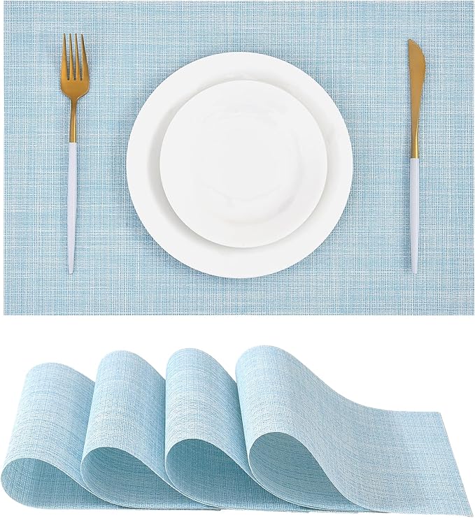 Leetaltree Soft Sky Blue Woven Placemats Set of 4 - Heat Resistant Non-Slip Place mats for Dining Table, Washable Durable PVC Vinyl Woven Table Mats(Sky Blue, 4)
