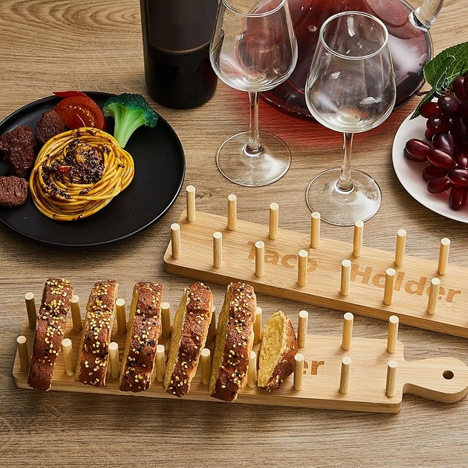 Pinkunn 4 Pcs Bamboo Taco Tray Holder Holds 8 Rack Tray Soft or Hard Shell Tacos Food Serving Stand for Tortillas Burritos Kitchen Accessory Housewarming Gift