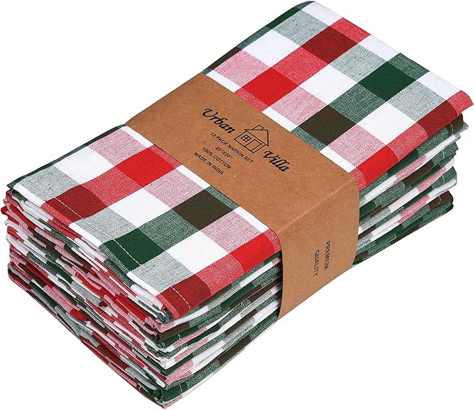 Urban Villa Cloth Dinner Napkins Set of 12 Highly Absorbent Soft Premium Dinner Napkins 20x20 Inches, Hotel Quality Reusable & Washable Table DinnerNapkins for Home (Christmas Buffalo Checks)