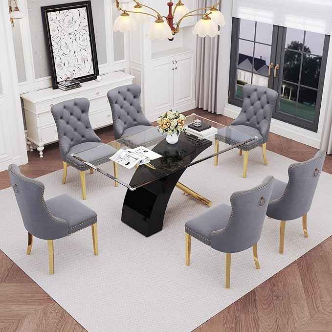 7 Piece Glass Dining Table Set for 6, 63" Modern Kitchen Table with 6 Grey Velvet Chairs, Tempered Glass Tabletop with Black X-Shaped MDF Base, Modern Dining Room Set for Kitchen and Dining Room