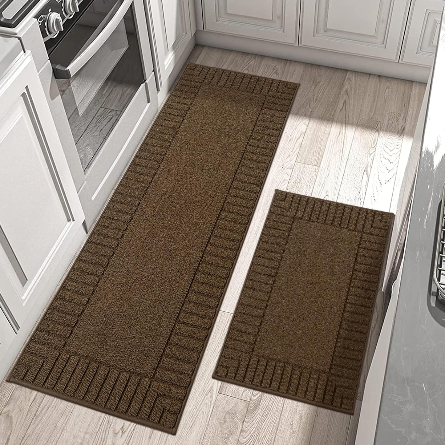 BEQHAUSE-Kitchen-Rugs-Anti-Slip-Kitchen-Mats-for-Floor Absorbent Kitchen Mat Set of 2 Washable Kitchen Runner Rug with TPR Non Skid Backing,Brown 24x35inch/24x60inch