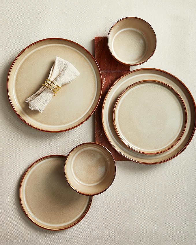 Pokini Dinnerware Set for 4, Ceramic Dish Sets, Plate and Bowl Set, Microwave & Dishwasher Safe Dishware Set, Chip & Scratch Resistant Dinner Set, No Two Are Alike, Amber Brown
