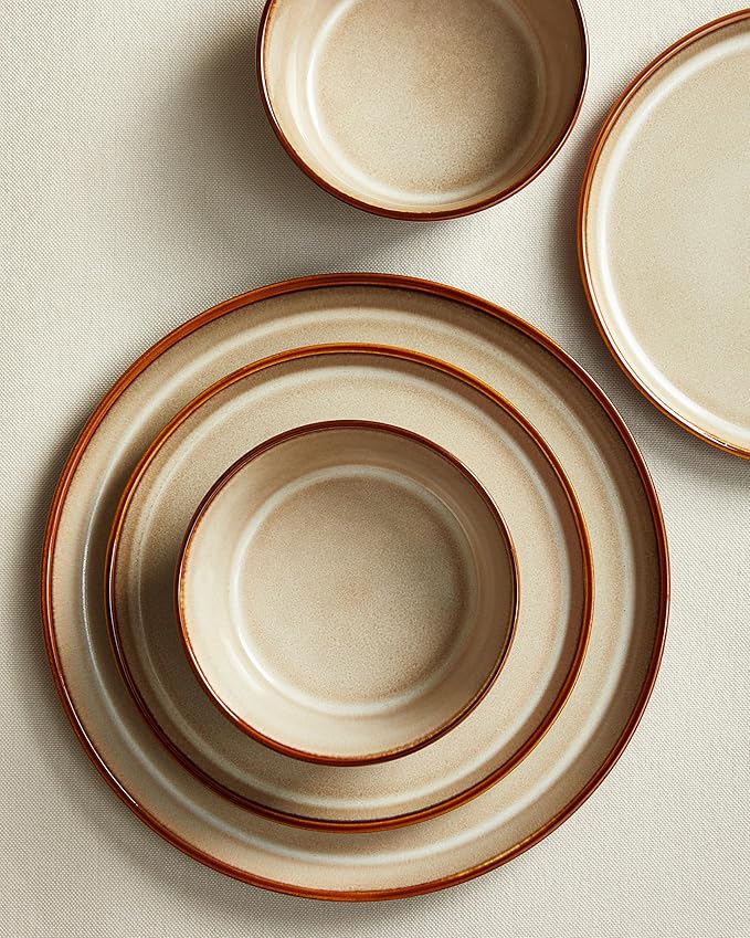 Pokini Dinnerware Set for 4, Ceramic Dish Sets, Plate and Bowl Set, Microwave & Dishwasher Safe Dishware Set, Chip & Scratch Resistant Dinner Set, No Two Are Alike, Amber Brown