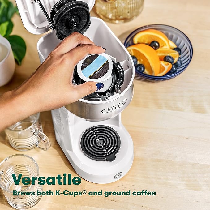 BELLA Dual Brew Single Serve Coffee Maker, Brews both Kcup and Ground Coffee, Large 14oz Capacity, Easy One Touch, Auto Shutoff, White