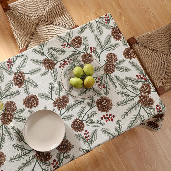 ISAENNE Designer Christmas Beige Linen Small Rectangular Tablecloth,Pinecones Pattern Indoor Tablecloths,Washable Decor Table Cloth for Dining Thanksgiving Kitchen Christmas,55"*71"-Carol B