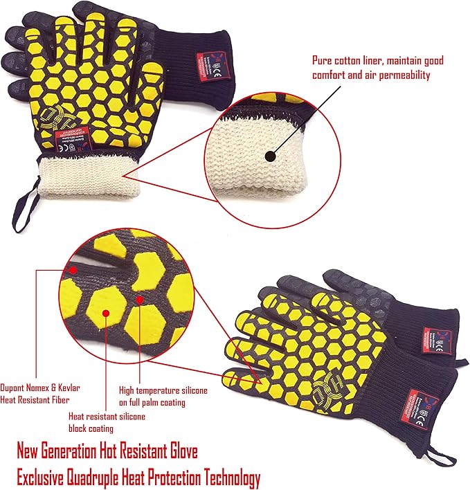 J H Heat Resistant Oven Glove:EN407 Certified 932 °F, 2 Layers Silicone Coating, Oven Mitts for Cooking, Kitchen, Fireplace,Camping, Grilling (Black/Yellow, Regular Cuff)