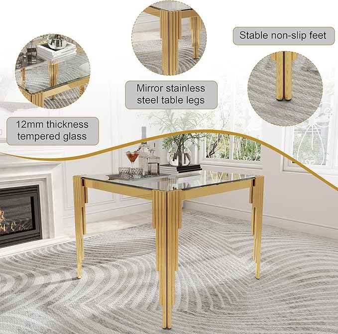 AF ARTISAN FURNITURE 37'' Square Glass Dining Table Set for 4, Kitchen Table Chairs Set of 4, Clear Gold Glass Dining Tables with Stainless Steel Legs, 4 Grey PU Dining Chairs, Living Room, Kitchen