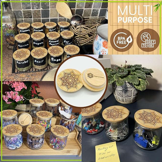 Mandala Bamboo Oui Yogurt Jar Lids – 4 Pack | Reusable Bamboo Tops for Yoplait Oui Glass Jars | Airtight Oui Yogurt Jar Covers with Silicone Seal | Replacement Lids for Oui Yogurt Storage Containers