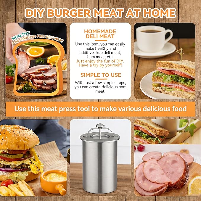 Stainless Steel Ham Maker Meat Press with Thermometer,Homemade Lunch Meat Maker Mold with Spring-Loaded Platen for Cold Cuts, Meatloaf, and Sandwich Making