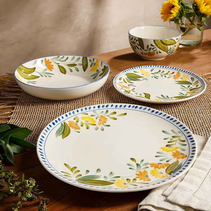 Bloomhouse - Two Time Oprah's Favorite Things Winner - Posy Blossom Double Bowl Hand Painted Stoneware Plates and Bowls Floral Dinnerware Set, Service for Four (16pcs)