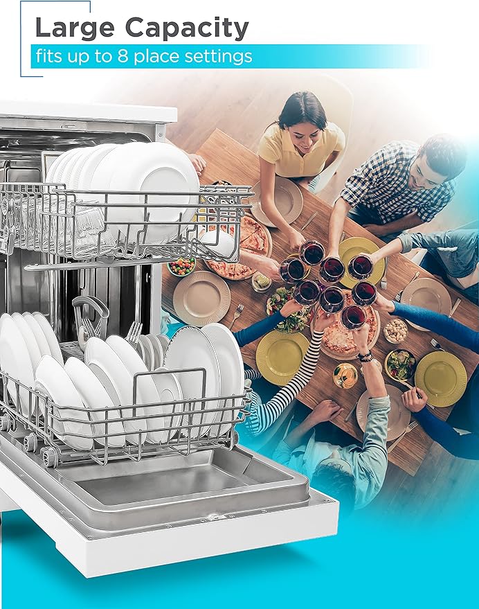 BLACK+DECKER 18” Portable Dishwasher, Compact Dish Washer with 8-Place Setting Capacity, Stainless Steel Tub, 6 Wash Programs, Worktop Space, Mobile Dishwasher with Casters, Faucet Connect, White
