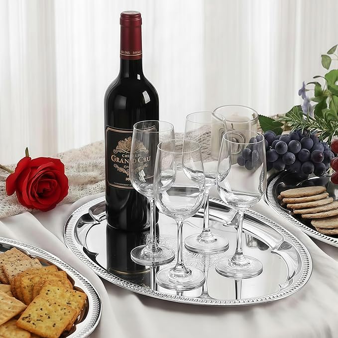 6-Pack Large Silver Serving Trays (16" x 12") – Oval Floral Engraved Serving Platters for Parties, Weddings, Birthdays, Festive Occasions – Mirror Trays for Appetizers, Charcuterie, Cookies, Desserts