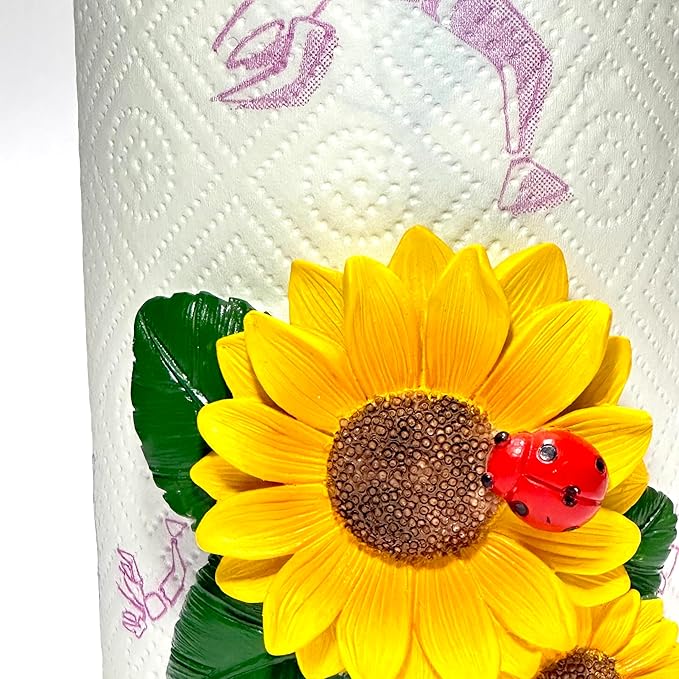 Sunflower Paper Towel Holder for Kitchen Counter, Decorative Farmhouse Paper Towel Stand with Wooden Rod, Cute Kitchen Countertop Paper Towel Dispenser, Rustic Kitchen Decor