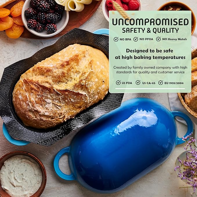 LoafNest: No-Knead Artisan Bread Kit. Incredibly easy! Cast Iron Dutch Oven [2 qt] and Perforated Non-Stick Silicone Liner.