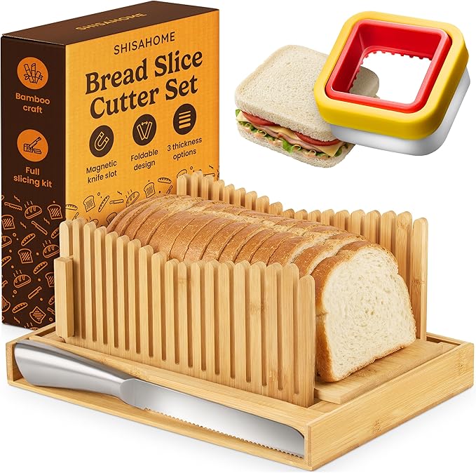 Bread Slicer Guide for Homemade Bread 2-In-1 Set: Sourdough Rounds Slicer, Sandwich Sealer | Bread Loaf Slicing, Adjustable Bamboo Bread Cutter With Knife & Magnetic slot
