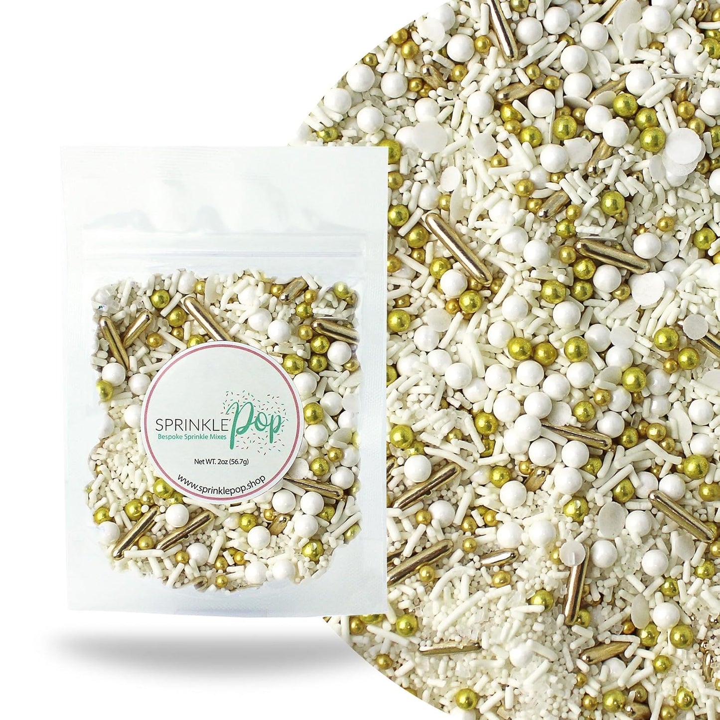 Wedding White Sprinkle Mix| Made In USA By Sprinkle Pop| Pastel White Sprinkles With Gold Metallics Dragees| Sprinkles For Decorating Bridal Shower Wedding Anniversary Party Cupcakes Cake Cookies, 2oz