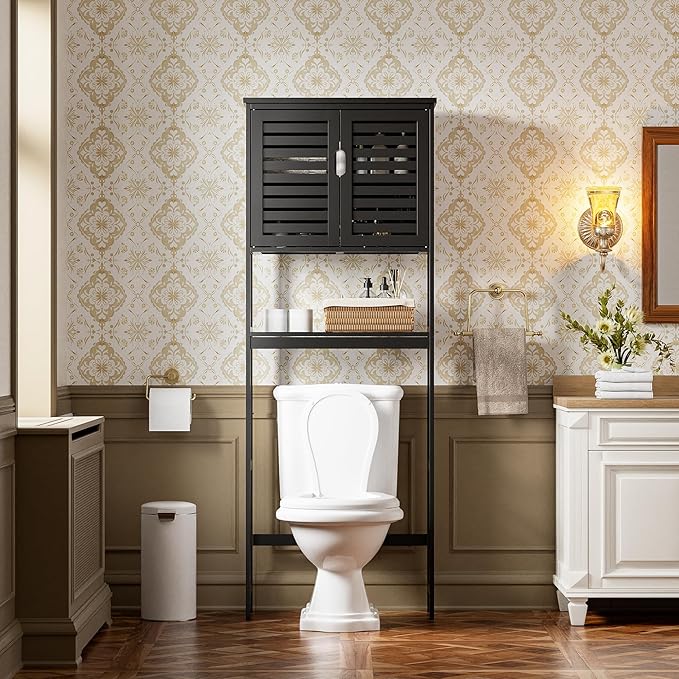 SMIBUY Bathroom Over The Toilet Storage Cabinet, 2 Door Bamboo Cabinet Organizer, Freestanding Space Saver Toilet Rack with Adjustable Inside Shelf and Open Shelf (Black)