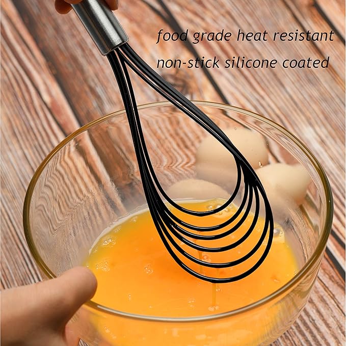 Flat Whisk Set,Stainless Steel 3 Pack 10''+11''+12'' Premium Sturdy-6 Silicone Heads Non Stick Wires Whisk for Blending Beating Stirring Kitchen Cooking by Jell-Cell (Black)