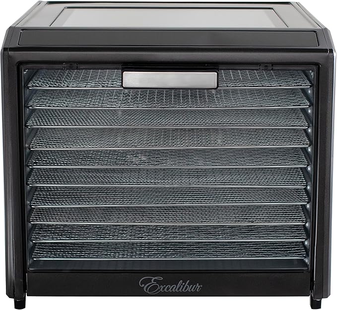 Excalibur Electric Food Dehydrator Performance Series 10-Tray with Adjustable Temperature Control Includes Stainless Steel Drying Trays Glass Door Top View Window and LED Display Progress Bar, Black