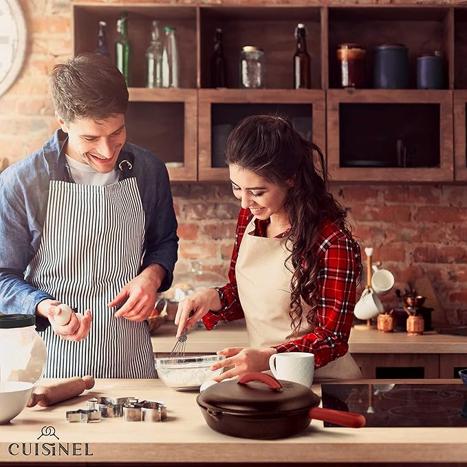 Cuisinel 12" + 10" + 8"-Inch Cast Iron Skillets Set with Braiser Lids + Silicone Handle Grips + Pan Scraper - Indoor/Outdoor Pre-Seasoned Kitchen Cookware - Oven, Fire, Stove Safe