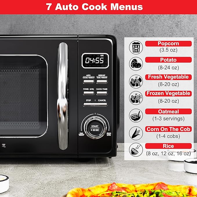 Galanz GLCMKZ09BKR09 Retro Countertop Microwave Oven with Auto Cook & Reheat, Defrost, Quick Start Functions, Easy Clean with Glass Turntable, Pull Handle, 0.9 cu ft, Black