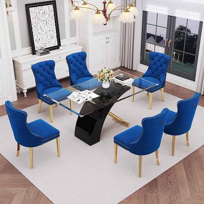 7 Piece Glass Dining Table Set for 6, 63" Modern Kitchen Table with 6 Blue Velvet Chairs, Tempered Glass Tabletop with Black X-Shaped MDF Base, Modern Dining Room Set for Kitchen and Dining Room